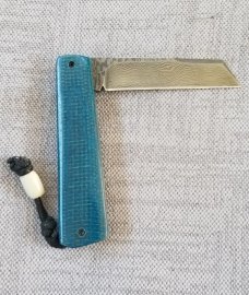 Vincenzo Balistreri Blue Burlap Micarta White Wolf,3.5" .Damascus..lanyard pin..bead..filework 