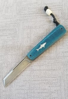Vincenzo Balistreri Blue Burlap Micarta White Wolf,3.5" .Damascus..lanyard pin..bead..filework 