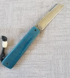 Vincenzo Balistreri Blue Burlap Micarta White Wolf,3.5" .Damascus..lanyard pin..bead..filework 