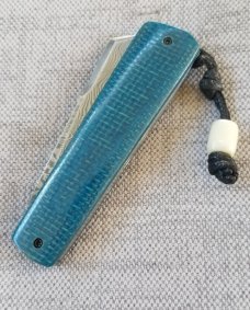 Vincenzo Balistreri Blue Burlap Micarta White Wolf,3.5" .Damascus..lanyard pin..bead..filework 