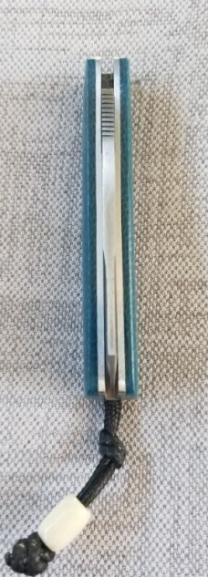 Vincenzo Balistreri Blue Burlap Micarta White Wolf,3.5" .Damascus..lanyard pin..bead..filework 