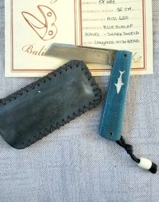 Vincenzo Balistreri Blue Burlap Micarta White Wolf,3.5" .Damascus..lanyard pin..bead..filework 