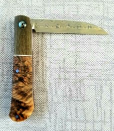 Johan Ellis Swayback.3 7/8",COMPLEX..Micarta Bolsters..Elm Burl scales..Damasteel..Titanium & g10 