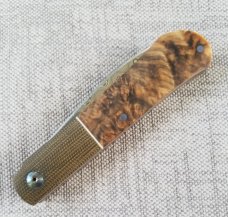 Johan Ellis Swayback.3 7/8",COMPLEX..Micarta Bolsters..Elm Burl scales..Damasteel..Titanium & g10 