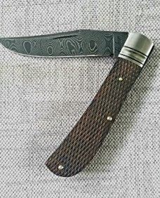 Josh Fisher Trapper Custom. . Checkered Ebony..Damascus..fluted...fileworked...pouch & Slip.3.5 clsd
