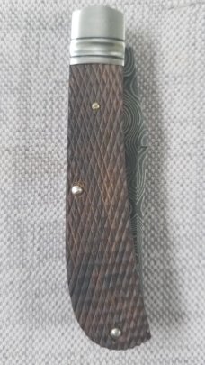 Josh Fisher Trapper Custom. . Checkered Ebony..Damascus..fluted...fileworked...pouch & Slip.3.5 clsd
