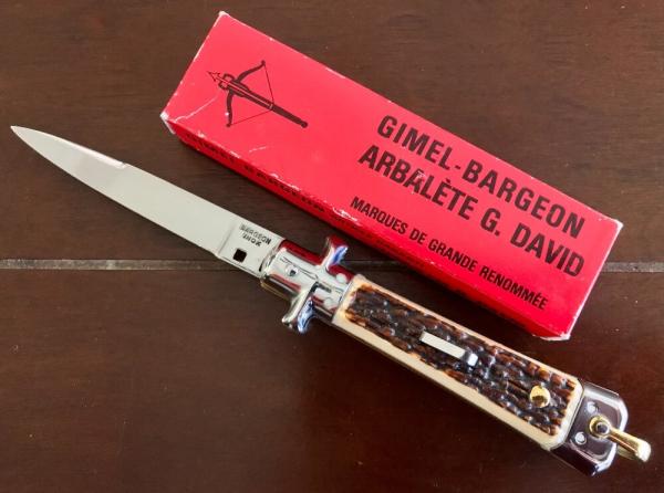 Bargeon Switchblade, 7 1/2 Inch, Faux Stag Handle, Brass Liners, Hard To Find With Box, Unused
