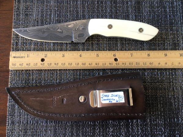 Craig Steketee custom knife ivory handles his own Damascus in maker’s sheath 