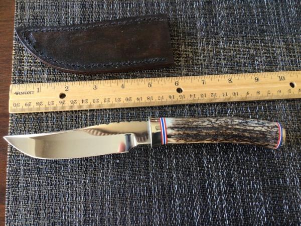 George Trout custom fixed blade knife stag handle NS hilt and butt plate 