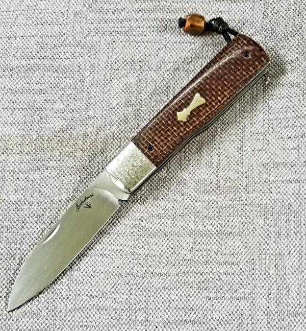 Vincenzo Balistreti Spear Gunstock Brown Burlap Micarta and 440C.4"..fileworked.lanyard pin.slip.coa