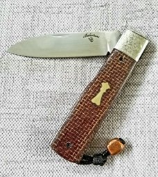 Vincenzo Balistreti Spear Gunstock Brown Burlap Micarta and 440C.4"..fileworked.lanyard pin.slip.coa