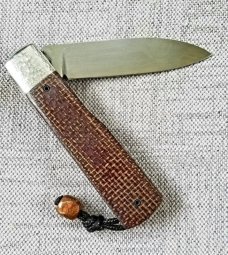 Vincenzo Balistreti Spear Gunstock Brown Burlap Micarta and 440C.4"..fileworked.lanyard pin.slip.coa