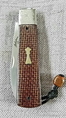 Vincenzo Balistreti Spear Gunstock Brown Burlap Micarta and 440C.4"..fileworked.lanyard pin.slip.coa
