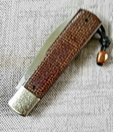 Vincenzo Balistreti Spear Gunstock Brown Burlap Micarta and 440C.4"..fileworked.lanyard pin.slip.coa