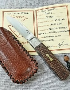 Vincenzo Balistreti Spear Gunstock Brown Burlap Micarta and 440C.4"..fileworked.lanyard pin.slip.coa