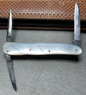 Vintage HSB 3-Blade Serpentine Shadow Lobster Pen Folding Pocket Knife c.1855-1960 Mother-of-Pearl