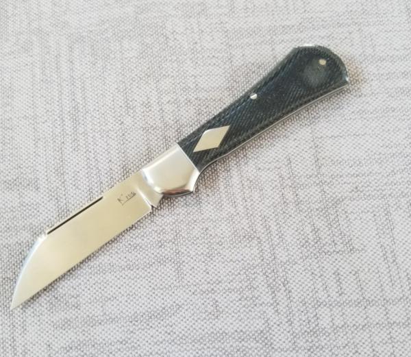K'roo Custom Raven Knife,,3.75..Dark Denim Micarta..rwl34. Filework..spacers/liners..coa/slip