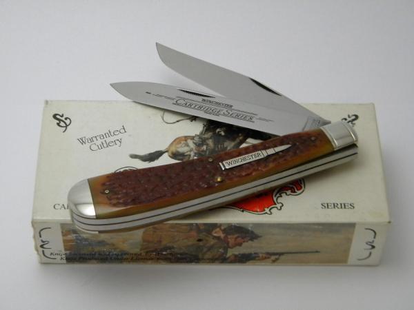 Winchester Trademark USA 1994 Burnt Orange Bone 29105 Cartridge Series Banana Trapper Knife in Box