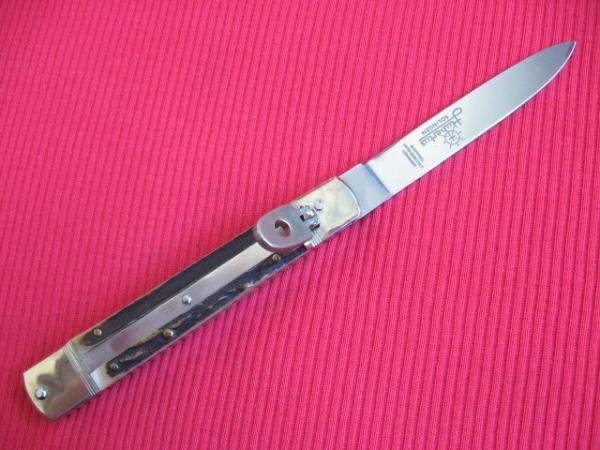 Older Solingen German Hubertus 8" Slim Leverlock Switchblade Knife - Stag