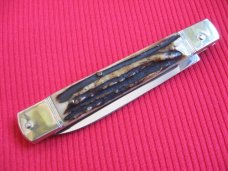 Older Solingen German Hubertus 8" Slim Leverlock Switchblade Knife - Stag