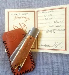 Vincenzo Balistreri Mammoth Ivory White Wolf Taillock,4"...440C..Steel bolsters ..filework..coa.slip