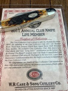 Case Medium Stockman Peach Seed Jigged Molasses Bone 2011 CCC Annual Life Member 