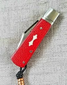 Vincenzo Balistreri Red Burlap Micarta Barlow 3 3/8" clsd..N690..Lanyard pin..jimping and filework 
