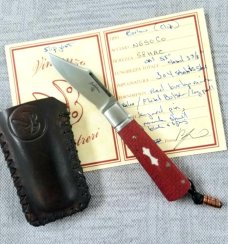 Vincenzo Balistreri Red Burlap Micarta Barlow 3 3/8" clsd..N690..Lanyard pin..jimping and filework 