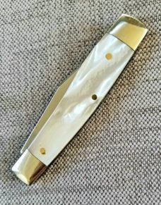 Ashley Harrison, UK maker,Mother of Pearl Gunstock 3.5" cld..C70 Clip blade..Fileworked spring