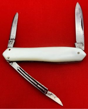Vintage MILLER BROS MERIDEN Dolphin Lobster Pen Folding Pocket Knife c.1872-1926 Mother-of-Pearl