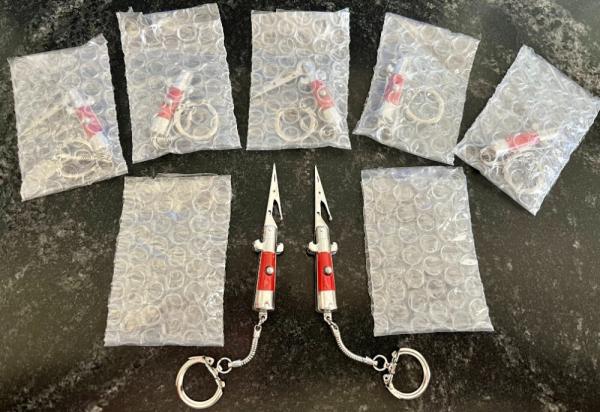 Miniature Switchblade Roach Clip Keychain, Red Wrap Handle, New 