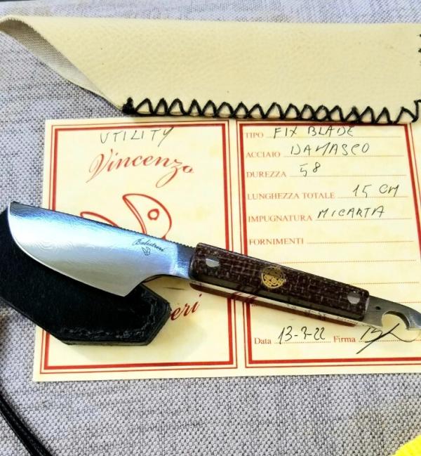 Vincenzo Balistreri Brown/Red Burlap Micarta fixed..bottle opener..jimping and choil.6.75" OAL Vincenzo Balistreri Brown/Red Burlap Micarta fixed..bottle opener..jimping and choil.6.75" OAL