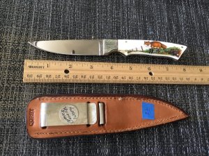 Harold Corby engraved ivory scrimshaw knife in maker’s sheath