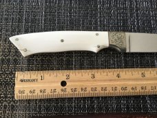 Harold Corby engraved ivory scrimshaw knife in maker’s sheath 
