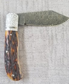 Alan Davis Sambar Stag and Devin Thomas Stainless Raindrop Damascus..3 5/8" cl..DOB 04/21/20.w/slipl