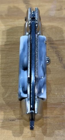 Miniature Switchblade Knife, Made In Italy, Marked Anchor Over Inox, White & Black Plastic Handle 