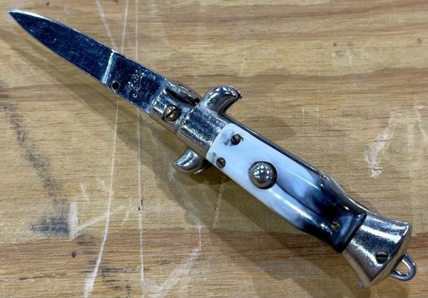 Miniature Switchblade Knife, Made In Italy?, Unknown Mark On Blade, White & Black Plastic Handle 