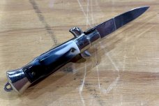 Miniature Switchblade Knife, Made In Italy?, Unknown Mark On Blade, White & Black Plastic Handle 