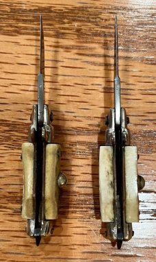 2 Broken Miniature Switchblade Knives, Vertical Inox & Italy Marks, Older Style, Stag Handles 