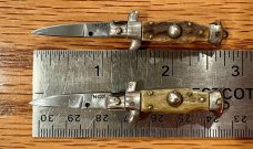 2 Broken Miniature Switchblade Knives, Vertical Inox & Italy Marks, Older Style, Stag Handles 