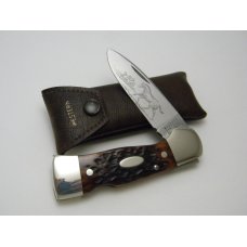 Western USA S-523 E Bone Stallion Etch Lockback Knife w/Pouch c.1981