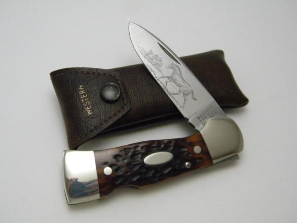 Western USA S-523 E Bone Stallion Etch Lockback Knife w/Pouch c.1981