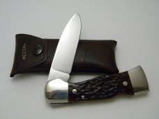 Western USA S-523 E Bone Stallion Etch Lockback Knife w/Pouch c.1981
