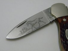 Western USA S-523 E Bone Stallion Etch Lockback Knife w/Pouch c.1981