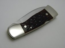 Western USA S-523 E Bone Stallion Etch Lockback Knife w/Pouch c.1981