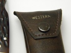 Western USA S-523 E Bone Stallion Etch Lockback Knife w/Pouch c.1981