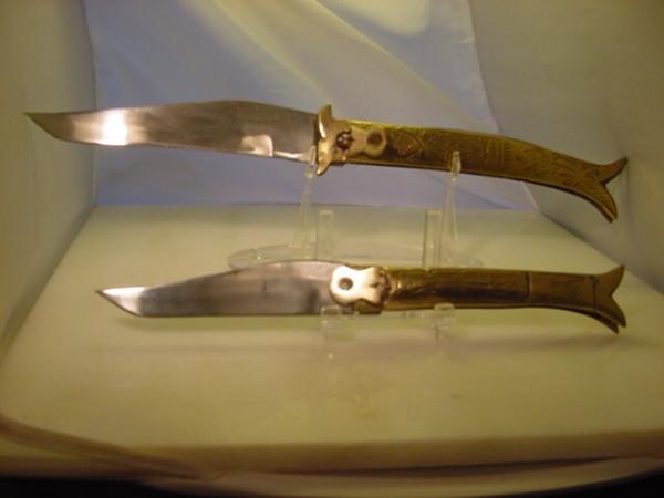 Two Rampur India style automatics embossed handles . Unused condition. 12 inch and 8 3/4 inch open Two Rampur India style automatics embossed handles . Unused condition. 12 inch and 8 3/4 inch open