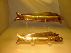 Two Rampur India  style automatics embossed handles .  Unused condition. 12 inch and 8 3/4 inch open