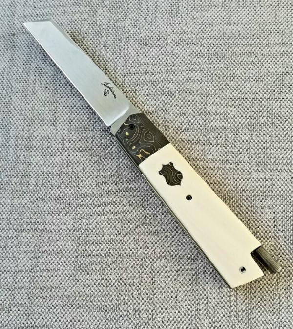 Vincenzo Balistreri Elephant Ivory White Wolf Taillock,4" closed..440C..Fools Gold bolsters & shield Vincenzo Balistreri Elephant Ivory White Wolf Taillock,4" closed..440C..Fools Gold bolsters & shield