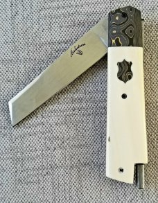 Vincenzo Balistreri Elephant Ivory White Wolf Taillock,4" closed..440C..Fools Gold bolsters & shield